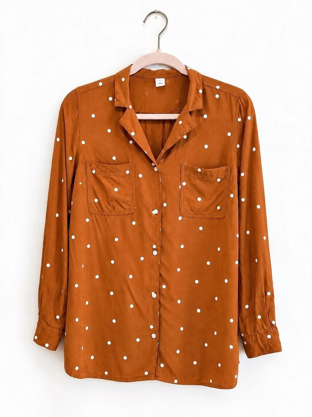 Old Navy Polka Dot Button Up Shirt M Pumpkin Rust Orange Rayon Fall Blouse